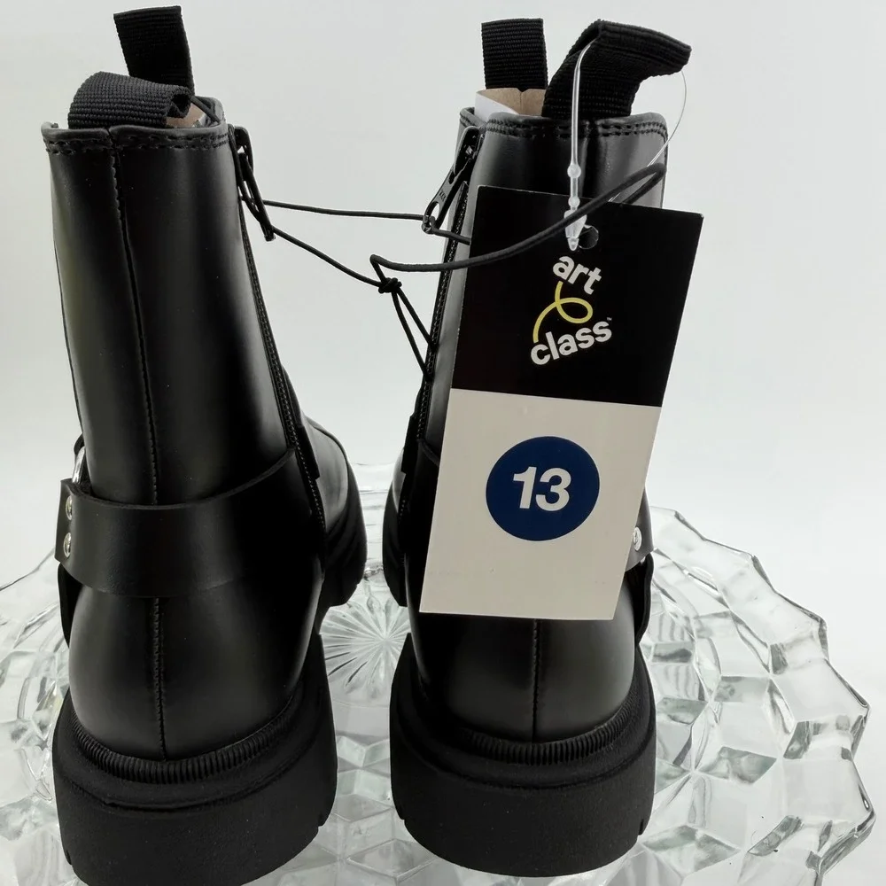 Art Class Crosby Boots Kids Size 13 Black Harness Lug Sole Zip Up Moto Biker New